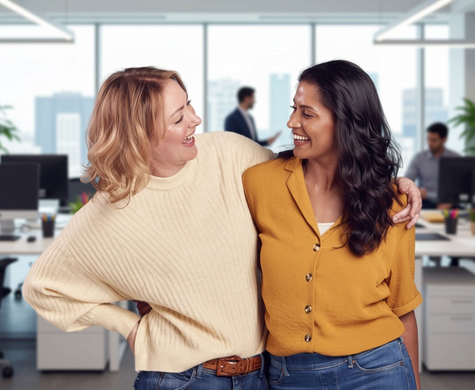 twee vrouwen vrolijk op kantoor